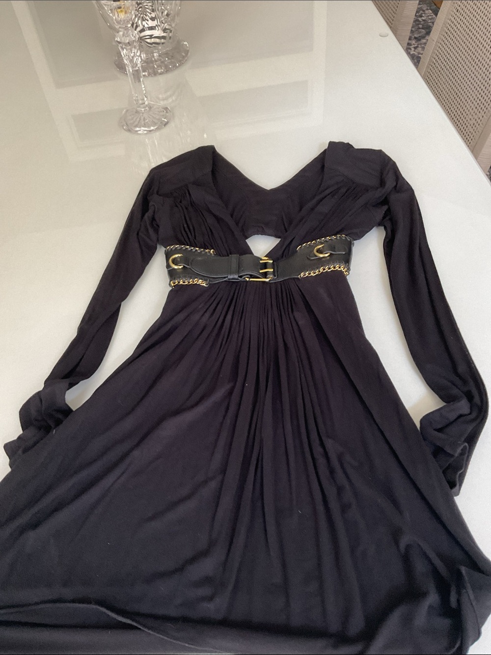 Sky Black Long-Sleeve V-Neck Dress with Gold-Accent Waist - Picture 4 of 4